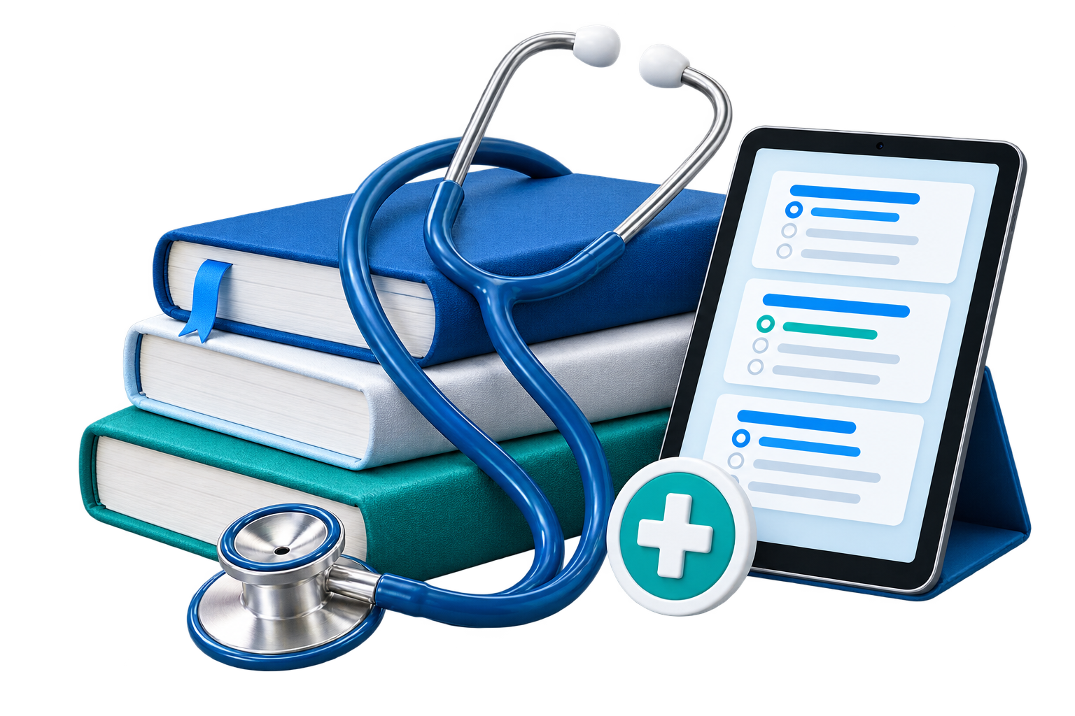 Textbooks, a stethoscope and a practice tablet